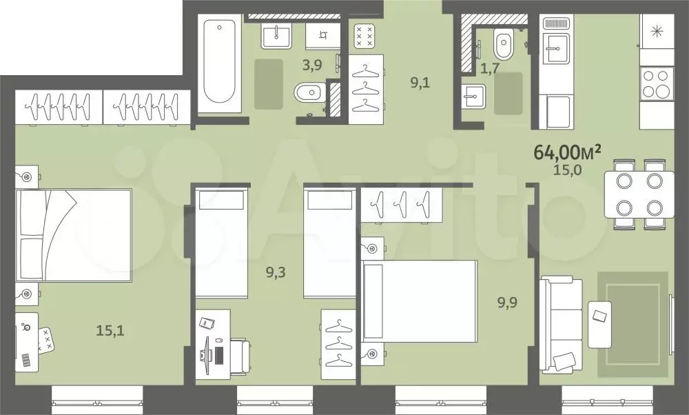 3-к. квартира, 64 м, 5/6 эт. - Фото 0