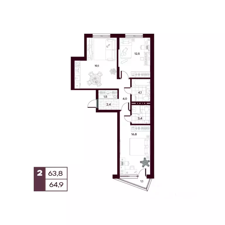 2-к кв. Тюменская область, Тюменский муниципальный округ, д. Дударева ... - Фото 1