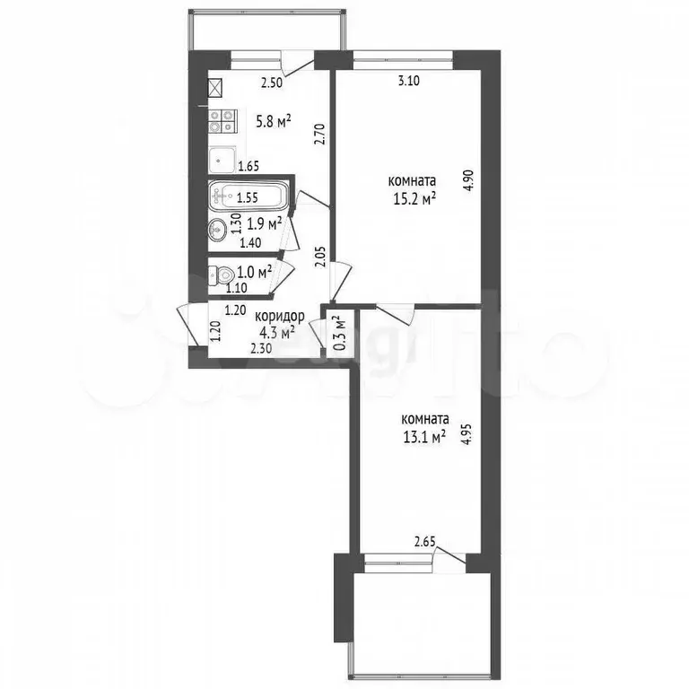 2-к. квартира, 41,6 м, 5/5 эт. - Фото 0