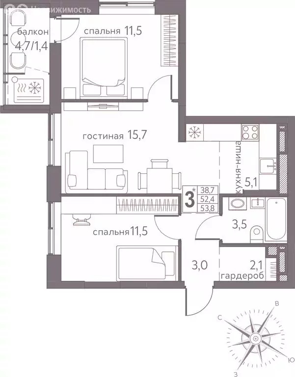 3-комнатная квартира: Пермь, Серебристая улица, 3А (53.8 м) - Фото 0