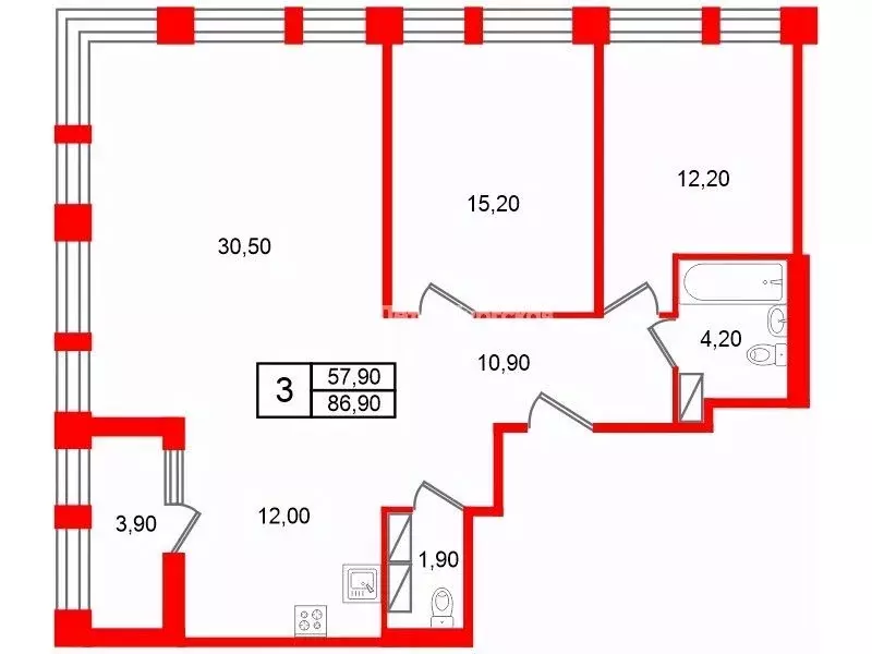 3-к кв. Санкт-Петербург Манчестерская ул., 3 (86.9 м) - Фото 2