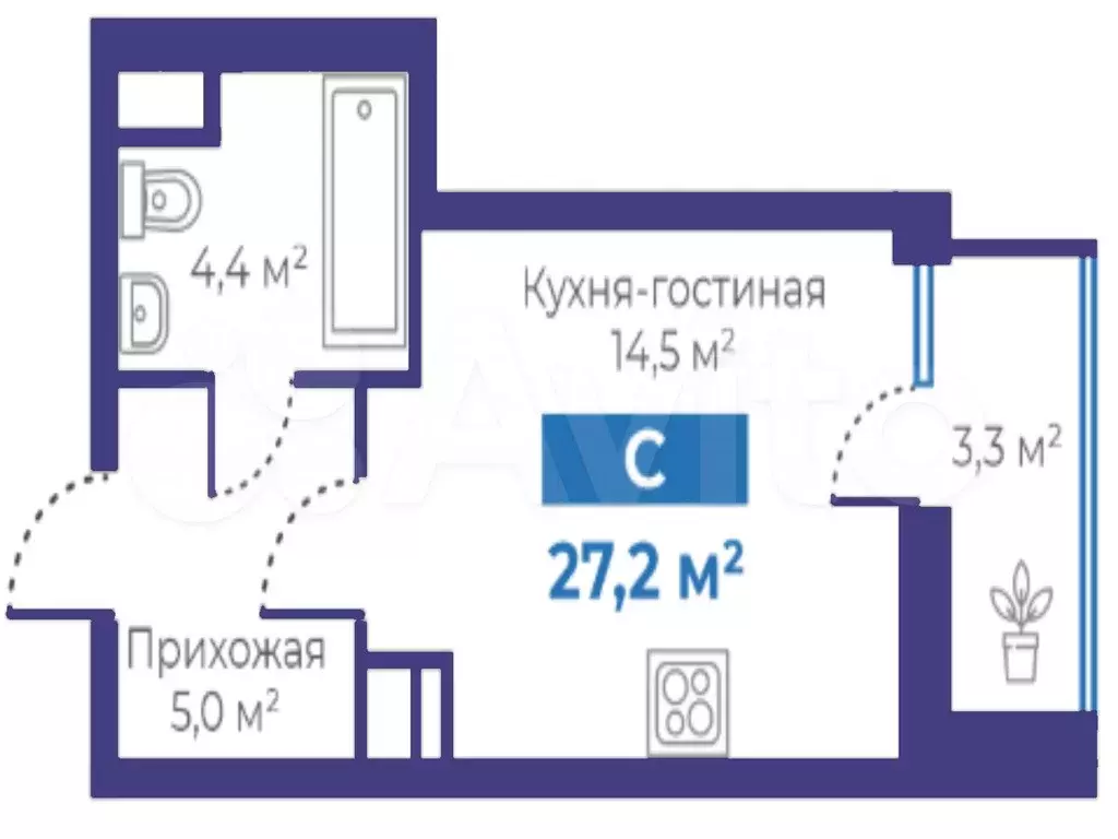 Квартира-студия, 27,2 м, 3/15 эт. - Фото 1