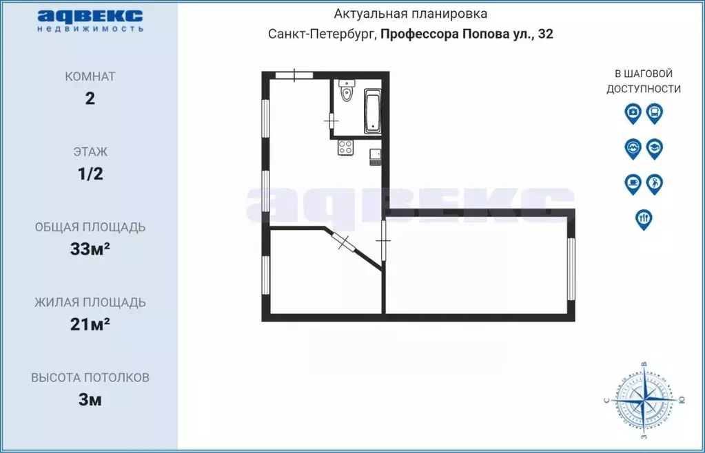 2-к кв. Санкт-Петербург ул. Профессора Попова, 32 (33.0 м) - Фото 2