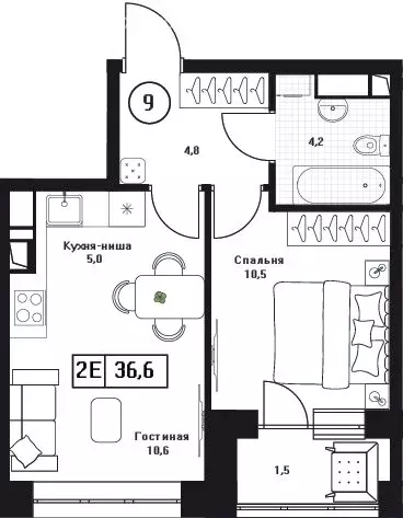 2-комнатная квартира: Пушкино, ЖК Пушкино Град (36.6 м) - Фото 1