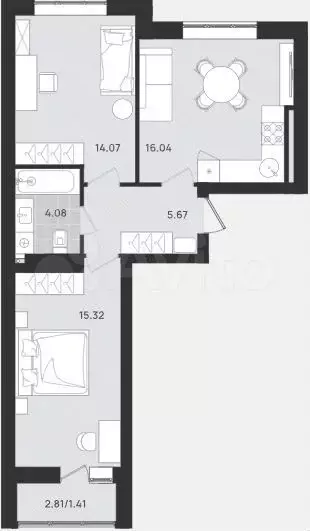 2-к. квартира, 56,6 м, 7/9 эт. - Фото 1