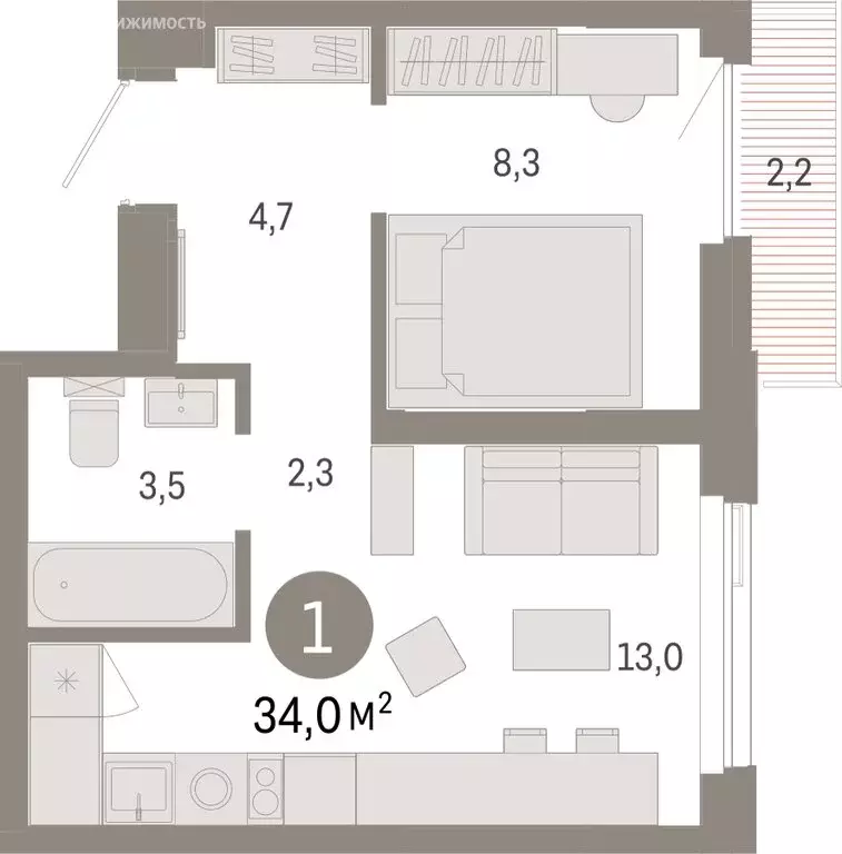 1-комнатная квартира: Тюмень, жилой комплекс Зарека (34.03 м) - Фото 1