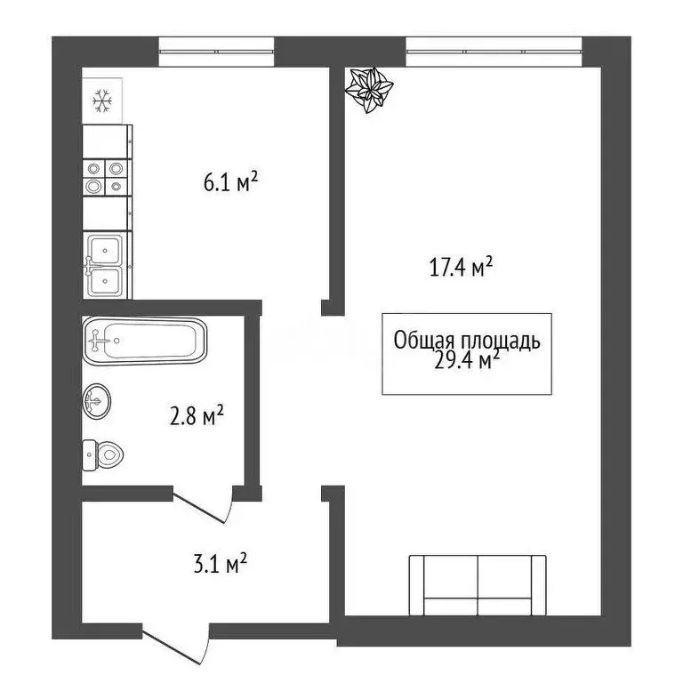 1-комнатная квартира: Новосибирск, Широкая улица, 21 (29.9 м) - Фото 0