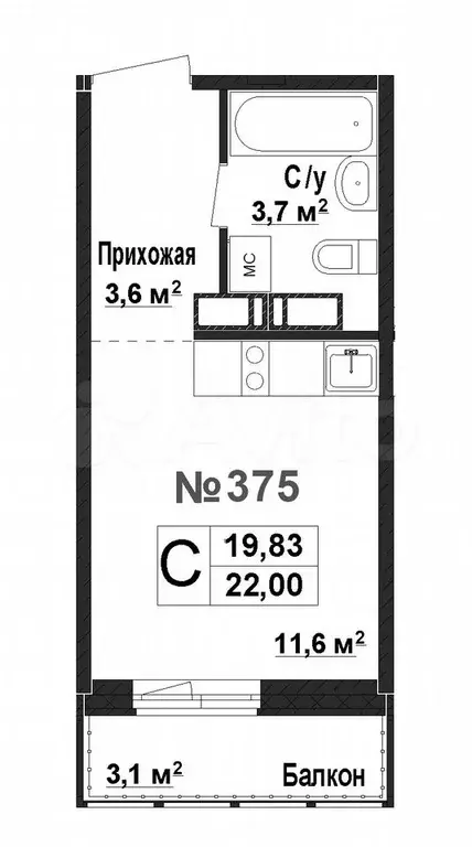 1-к. квартира, 19,8 м, 15/17 эт. - Фото 0