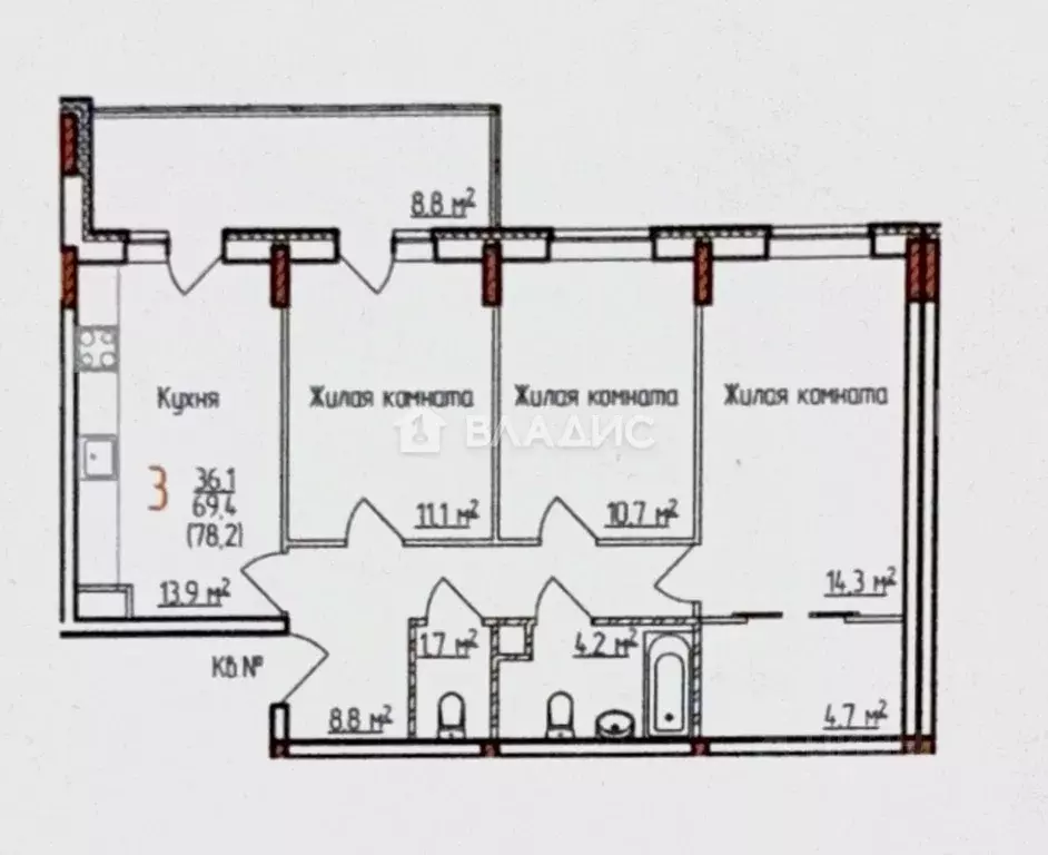3-к кв. Владимирская область, Владимир Добросельская ул., 180 (78.2 м) - Фото 2