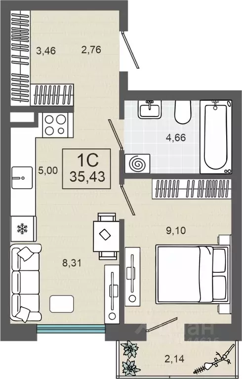 1-к кв. Тюменская область, Тюмень  (35.43 м) - Фото 0