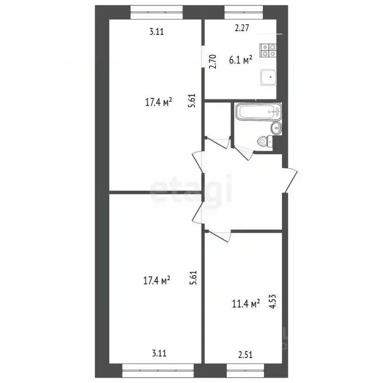 3-к кв. Ханты-Мансийский АО, Сургут ул. Энтузиастов, 45 (62.0 м) - Фото 1