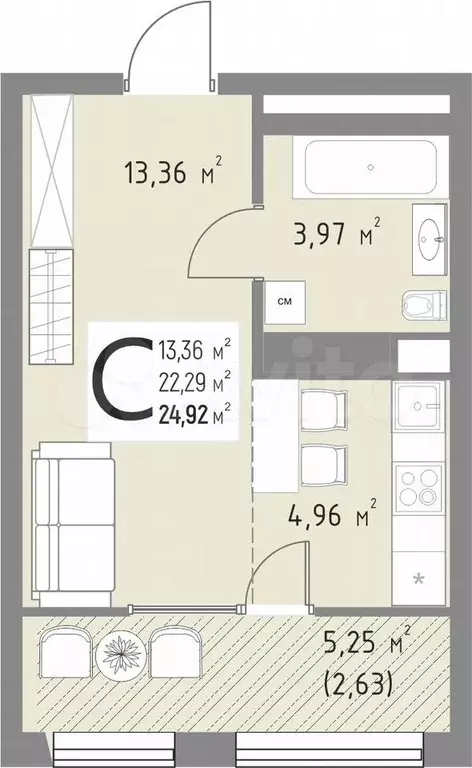 Квартира-студия, 24,9 м, 5/15 эт. - Фото 0