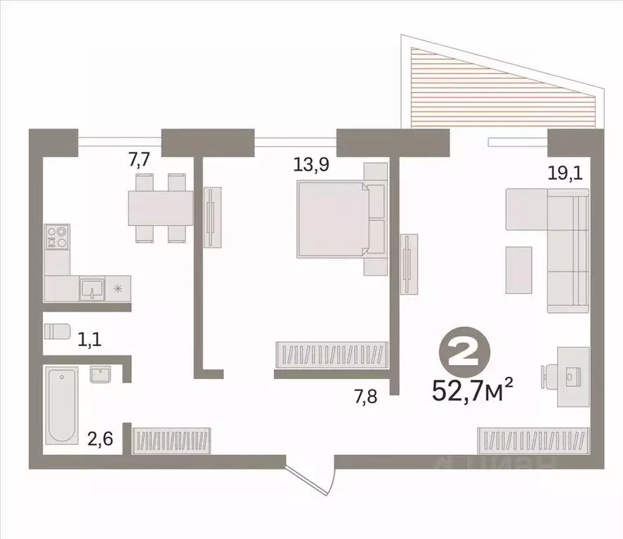 2-к кв. Омская область, Омск ул. Крупской, 3 (52.7 м) - Фото 2