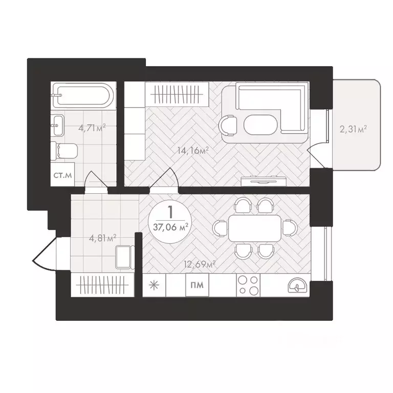 1-к кв. Башкортостан, Уфа Южный-2 мкр,  (37.06 м) - Фото 1
