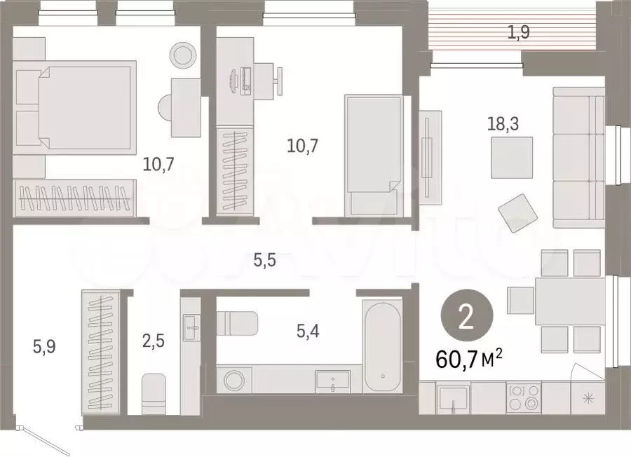 2-к. квартира, 60,7 м, 15/17 эт. - Фото 1