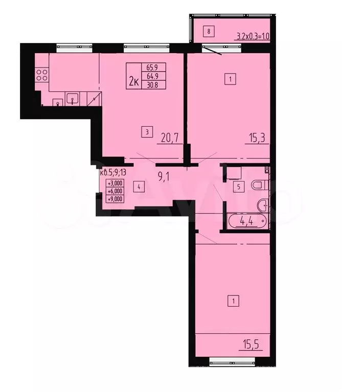 2-к. квартира, 65,9 м, 4/8 эт. - Фото 1