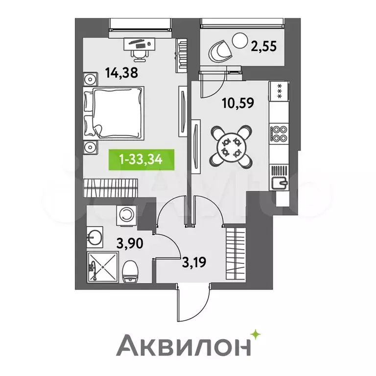 1-к. квартира, 33,3 м, 12/12 эт. - Фото 1