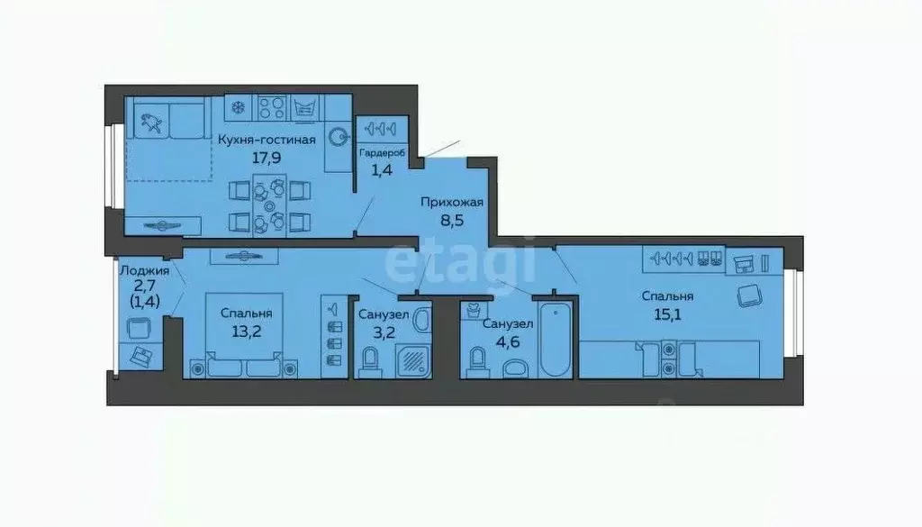 2-к кв. Свердловская область, Екатеринбург ул. 8 Марта, 204Г (65.0 м) - Фото 1