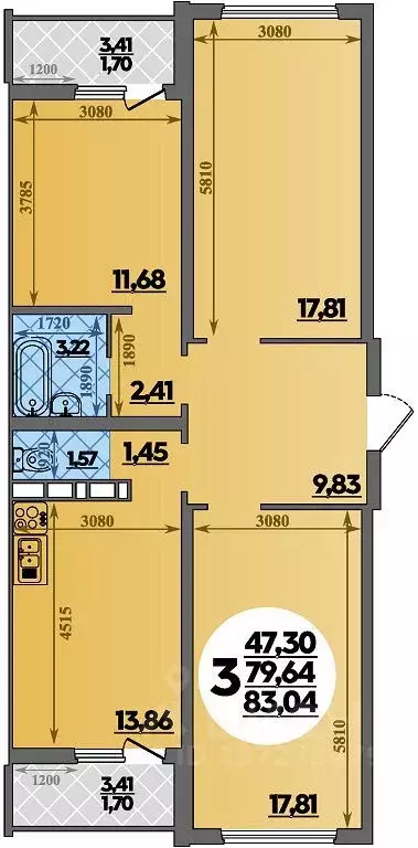 3-к кв. Ростовская область, Ростов-на-Дону ул. Костенко, 12 (83.04 м) - Фото 1