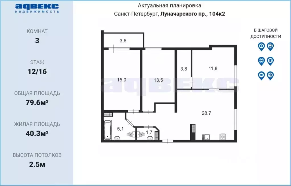 3-к кв. Санкт-Петербург просп. Луначарского, 104к2 (79.6 м) - Фото 1