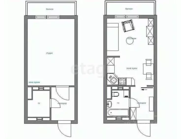 Студия Тульская область, Тула Рязанская ул., 19 (28.0 м) - Фото 2