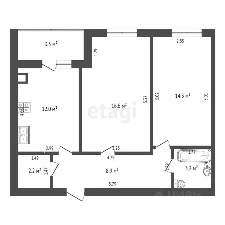 2-к кв. Костромская область, Кострома Профсоюзная ул., 6Б (57.2 м) - Фото 1