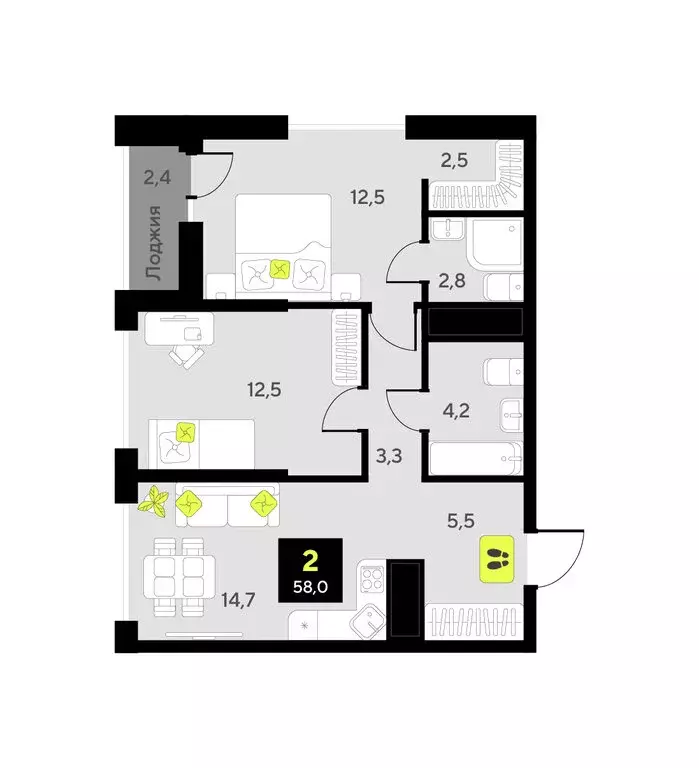 2-комнатная квартира: Тюмень, улица Первооткрывателей, 9 (58.4 м) - Фото 1