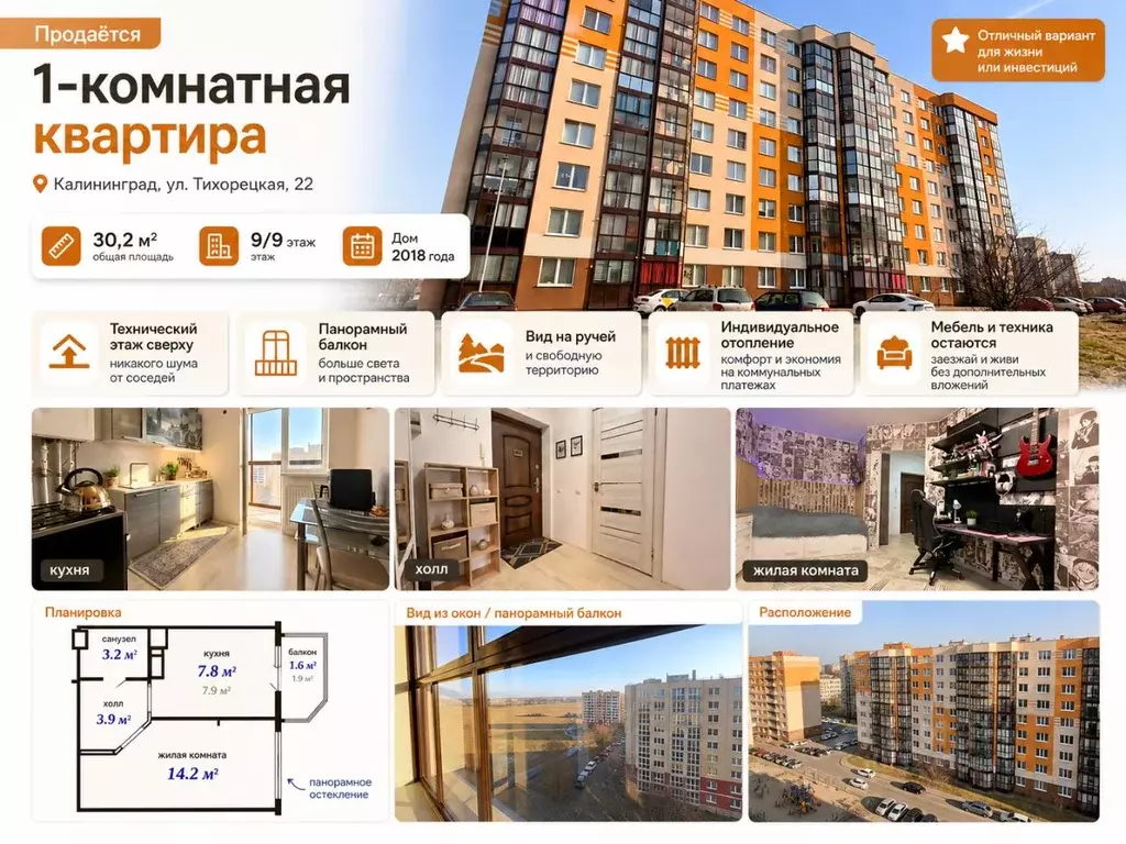 1-к кв. Калининградская область, Калининград Тихорецкая ул., 22 (30.2 ... - Фото 1