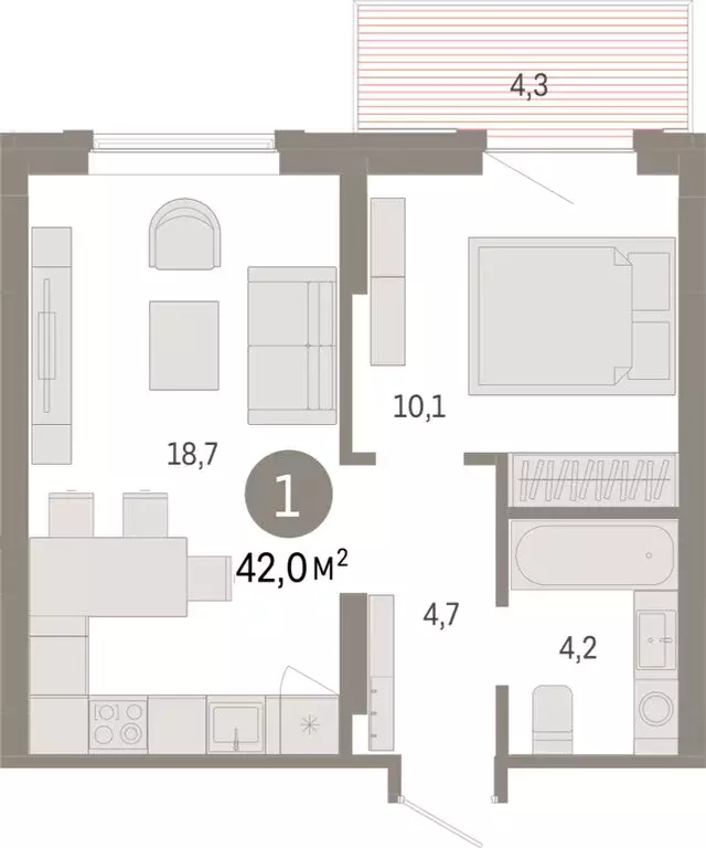 1-комнатная квартира: Омск, Кировский округ (41.99 м) - Фото 1