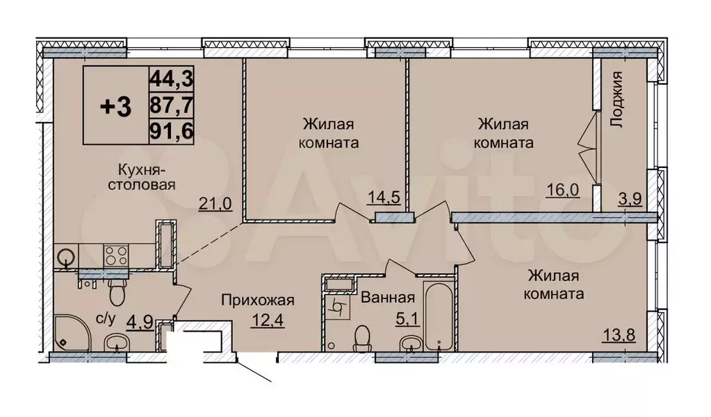 3-к. квартира, 91 м, 18/24 эт. - Фото 0