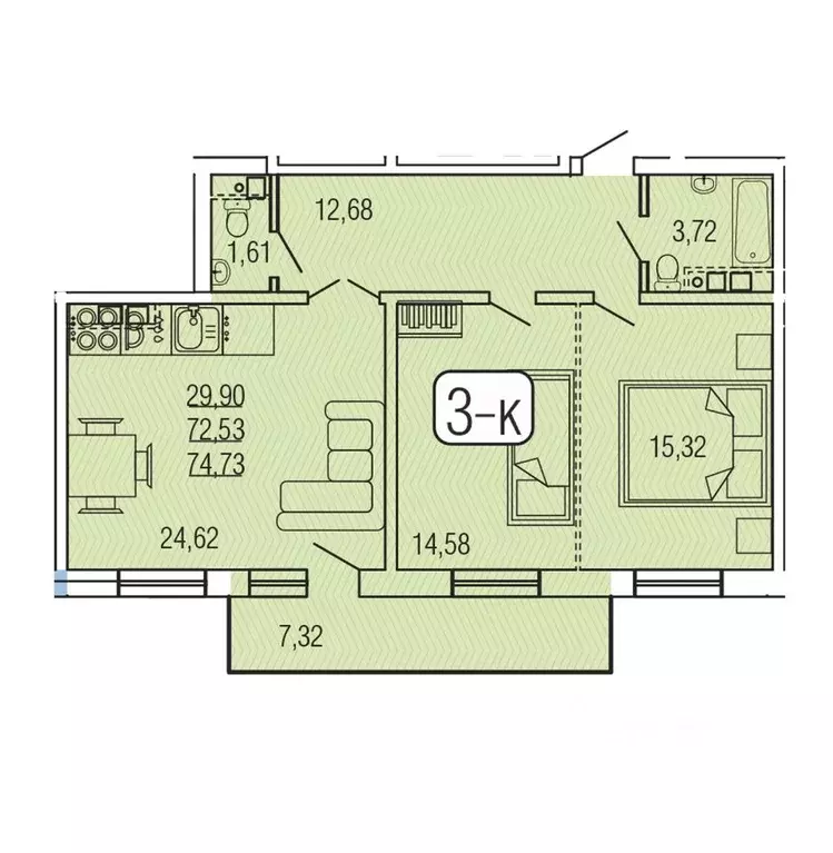 3-к кв. Бурятия, Улан-Удэ 140Б мкр,  (74.73 м) - Фото 1