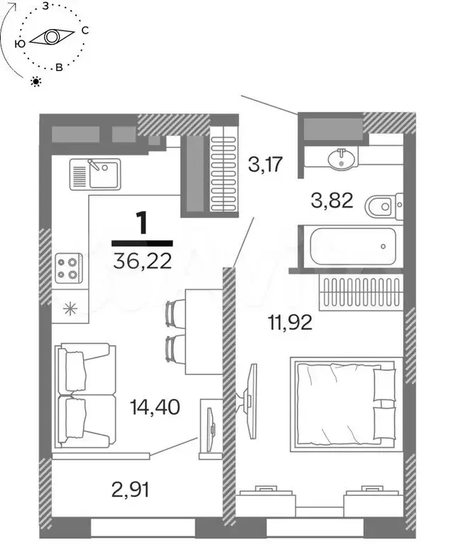 1-к. квартира, 34,8 м, 16/25 эт. - Фото 1