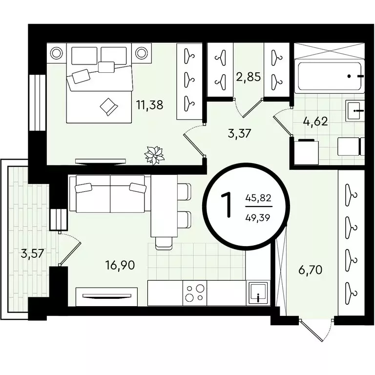 1-комнатная квартира: Тюмень, улица Александра Звягина, 7 (49.39 м) - Фото 0