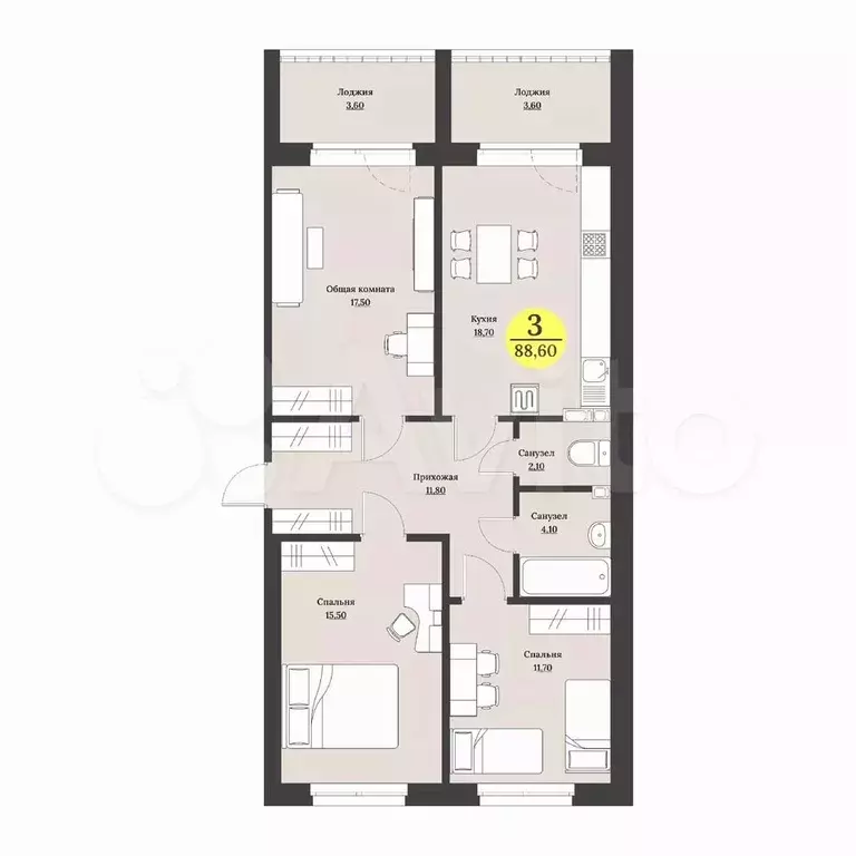 3-к. квартира, 88,8 м, 10/12 эт. - Фото 1