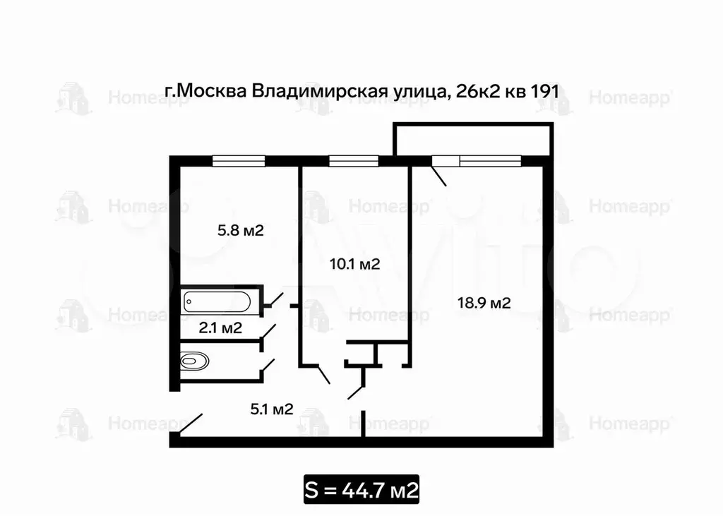 2-к. квартира, 42,8 м, 3/5 эт. - Фото 0