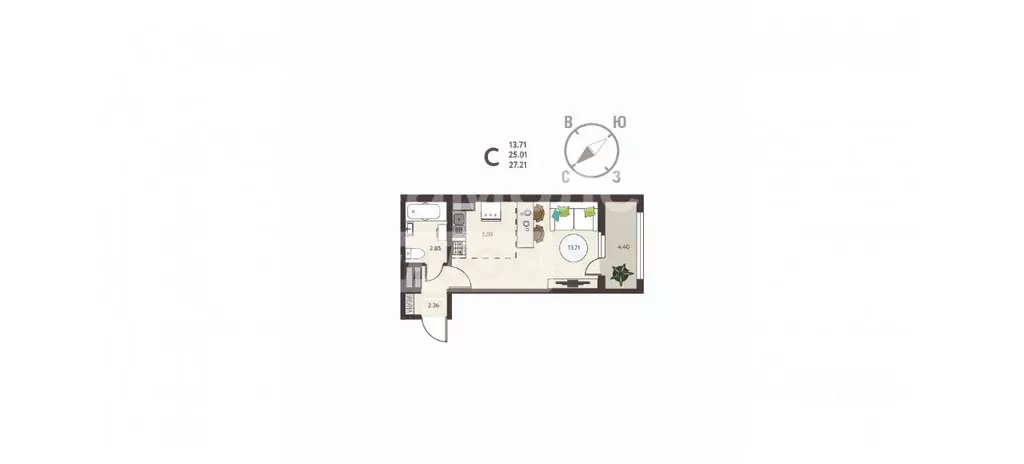 Студия Курская область, Курск ул. Энгельса, 158к2 (27.21 м) - Фото 1