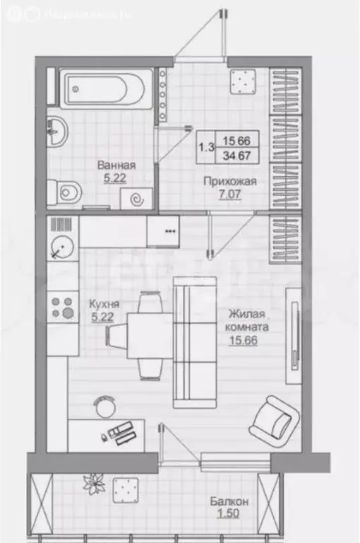 Квартира-студия: село Усады, улица Тёплых Встреч, 5 (31 м) - Фото 1