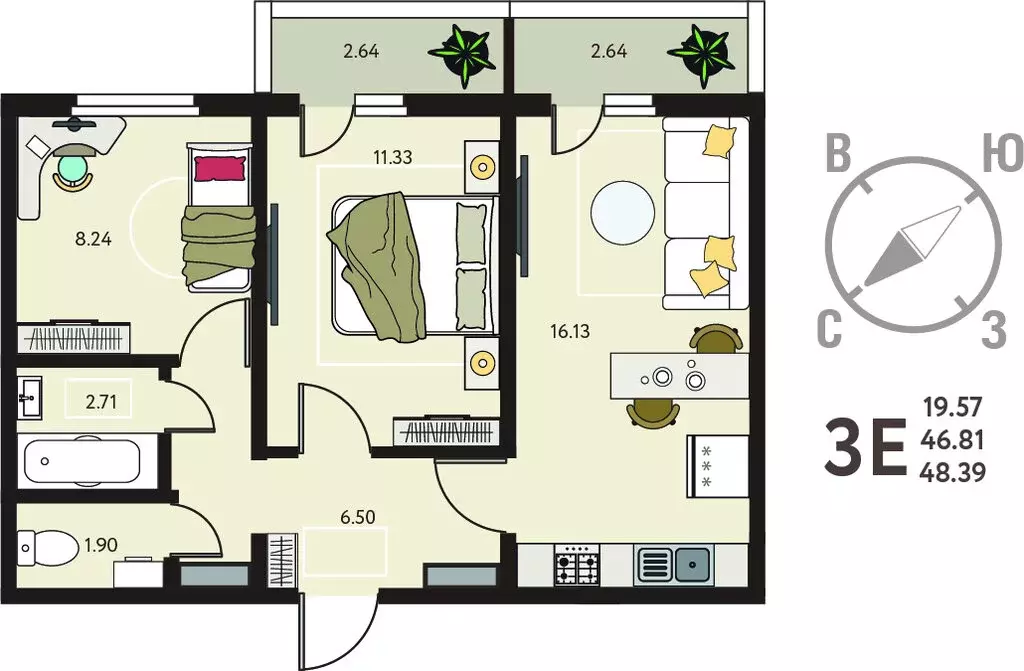 2-комнатная квартира: Курск, улица Энгельса, 115/6 (48.39 м) - Фото 1