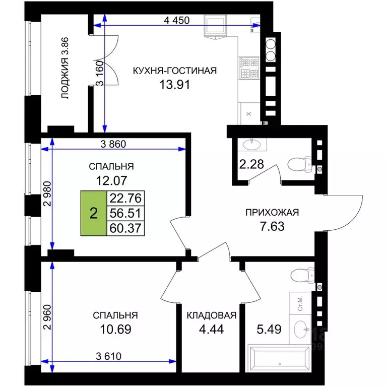 2-к кв. Калининградская область, Гурьевск Включи жилой комплекс (60.37 ... - Фото 0