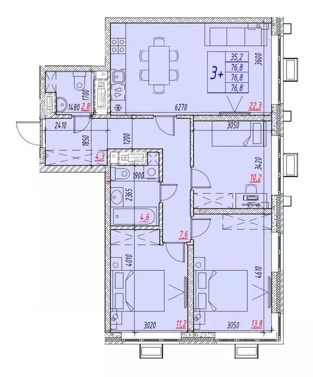 4-к кв. Астраханская область, Астрахань ул. Бэра, 29 (76.8 м) - Фото 1