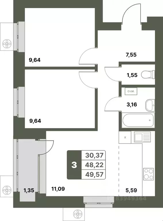 3-к кв. Башкортостан, Уфимский район, с. Миловка  (49.57 м) - Фото 1