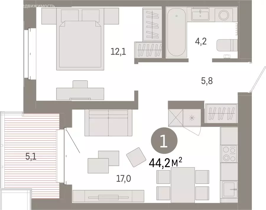 1-комнатная квартира: Тюмень, жилой комплекс На Минской (44.2 м) - Фото 1