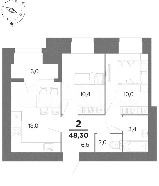 2-к. квартира, 46,8 м, 13/16 эт. - Фото 0