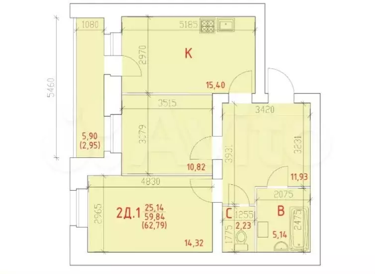 2-к. квартира, 63 м, 5/14 эт. - Фото 1