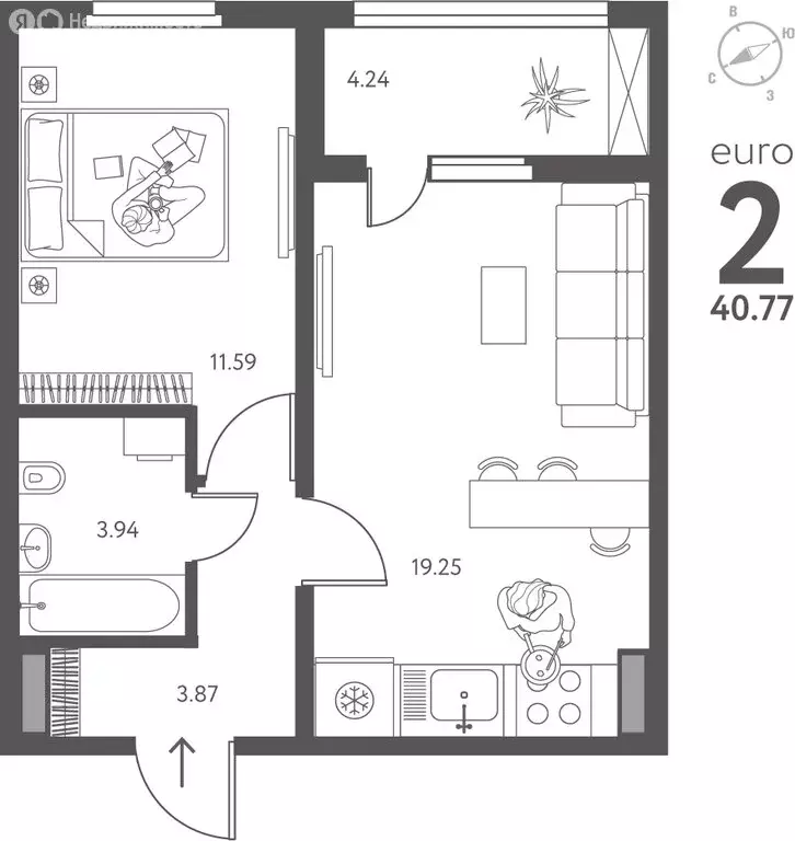 1-комнатная квартира: Липецк, улица Перова, 2Г (40.77 м) - Фото 1