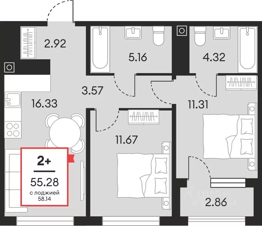 2-к кв. Ханты-Мансийский АО, Нефтеюганск ул. Нефтяников, 48А (55.28 м) - Фото 1