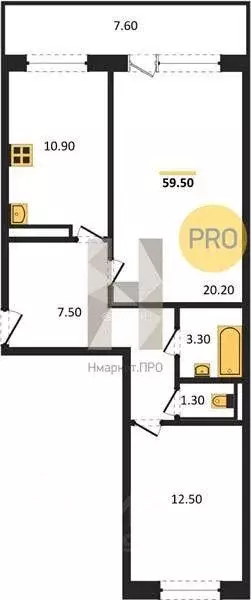 Квартира, 2 комнаты, 59.5 м - Фото 0