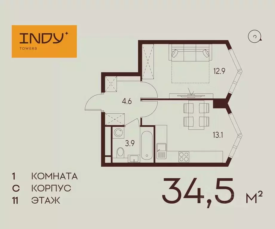 1-к кв. Москва Инди Тауэрс жилой комплекс (34.5 м) - Фото 0