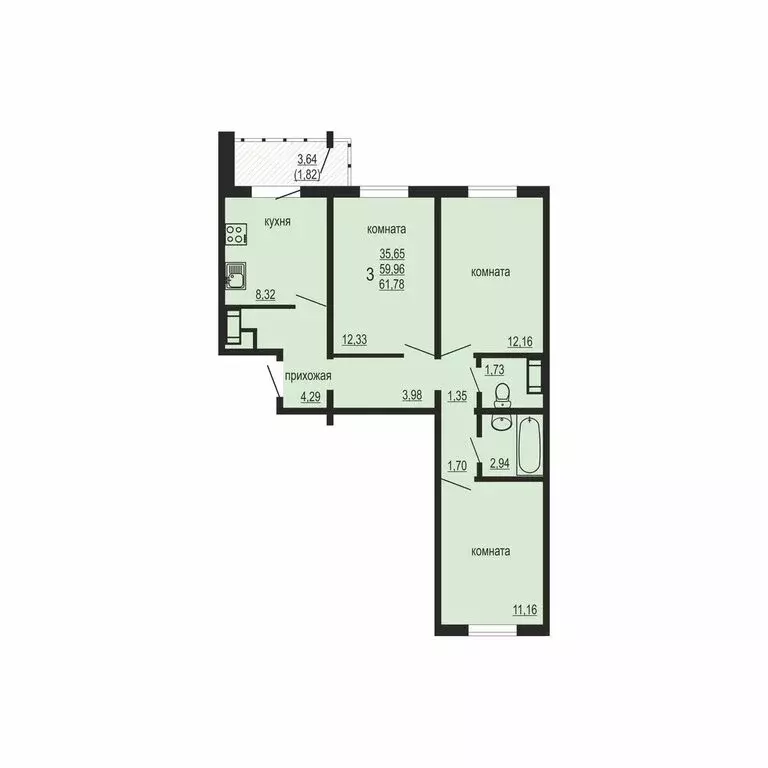 3-комнатная квартира: посёлок Западный, улица Дружбы, 6 (61.78 м) - Фото 1