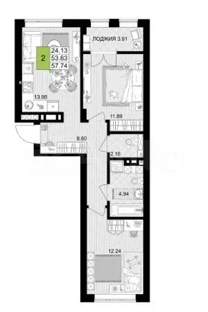 2-к. квартира, 57,7 м, 2/7 эт. - Фото 1